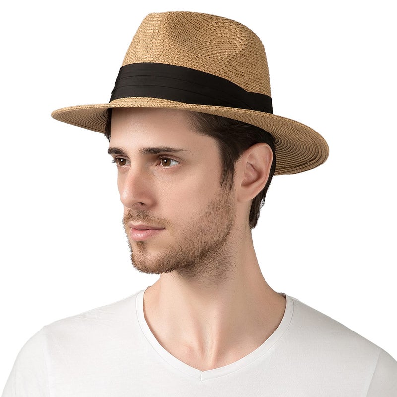 Lanzom Summer Beach Sun Hats for Men Women Foldable Floppy Travel Packable Staw Hat, Wide Brim Hat (Style B-Khaki,Medium Size:Fit for 22.5"-23") - Image 1